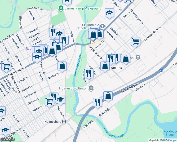 map of restaurants, bars, coffee shops, grocery stores, and more near 4601 Kraydor Street in Philadelphia