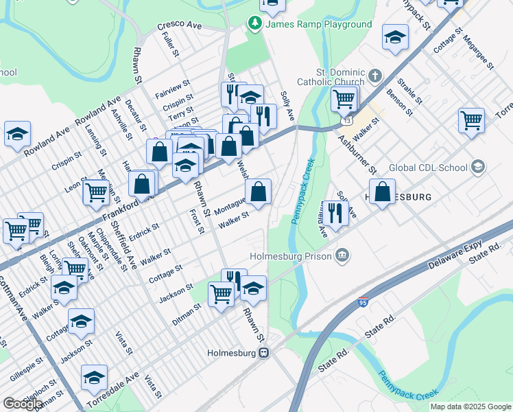 map of restaurants, bars, coffee shops, grocery stores, and more near 8063 Walker Street in Philadelphia