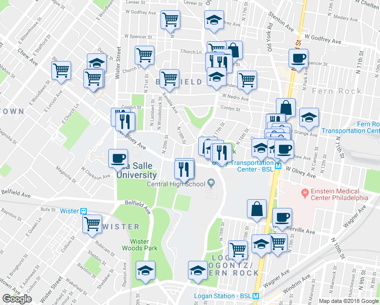 map of restaurants, bars, coffee shops, grocery stores, and more near 5600 North 18th Street in Philadelphia