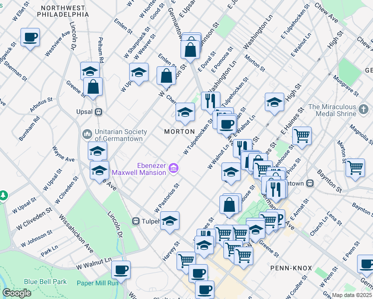 map of restaurants, bars, coffee shops, grocery stores, and more near 133 West Tulpehocken Street in Philadelphia