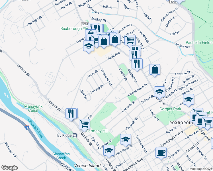 map of restaurants, bars, coffee shops, grocery stores, and more near 393 Livezey Street in Philadelphia