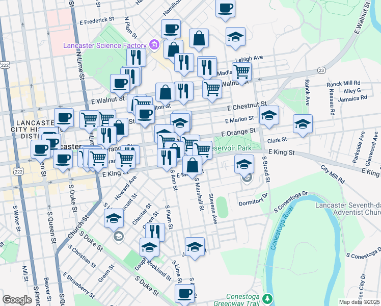 map of restaurants, bars, coffee shops, grocery stores, and more near 606 East King Street in Lancaster