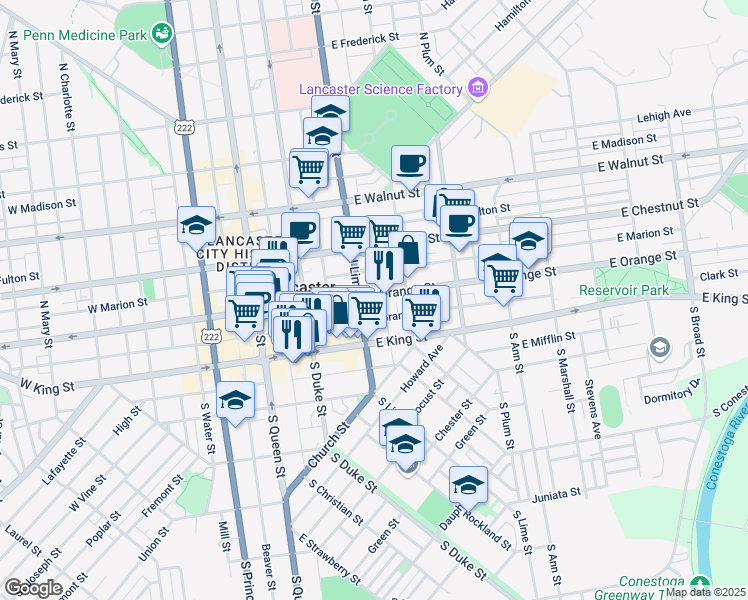 map of restaurants, bars, coffee shops, grocery stores, and more near 225 East Grant Street in Lancaster