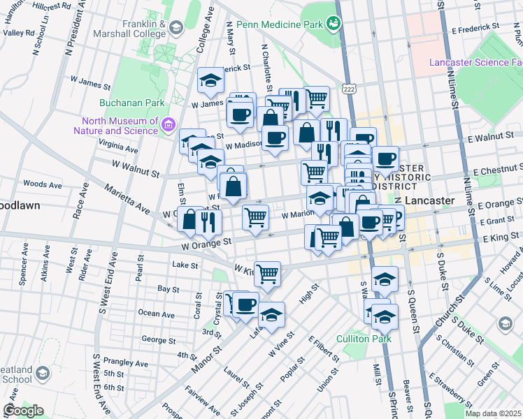 map of restaurants, bars, coffee shops, grocery stores, and more near 423 West Marion Street in Lancaster