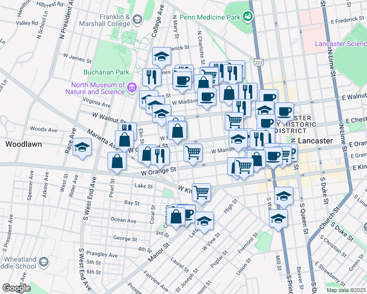 map of restaurants, bars, coffee shops, grocery stores, and more near 130 North Mary Street in Lancaster