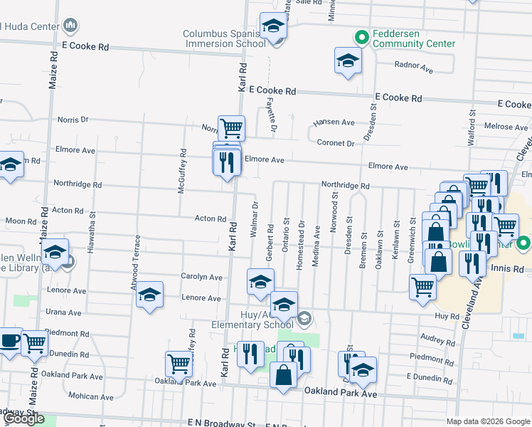map of restaurants, bars, coffee shops, grocery stores, and more near 3565 Gerbert Road in Columbus