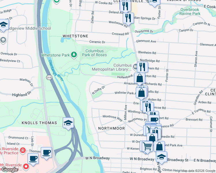 map of restaurants, bars, coffee shops, grocery stores, and more near 200 Webster Park Avenue in Columbus