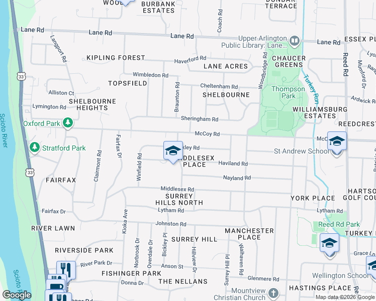 map of restaurants, bars, coffee shops, grocery stores, and more near 2344 Haviland Road in Columbus