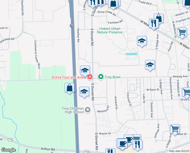 map of restaurants, bars, coffee shops, grocery stores, and more near 1580 Mckaig Avenue in Troy