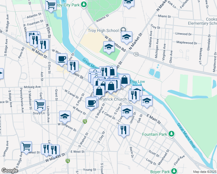 map of restaurants, bars, coffee shops, grocery stores, and more near 5 East Main Street in Troy