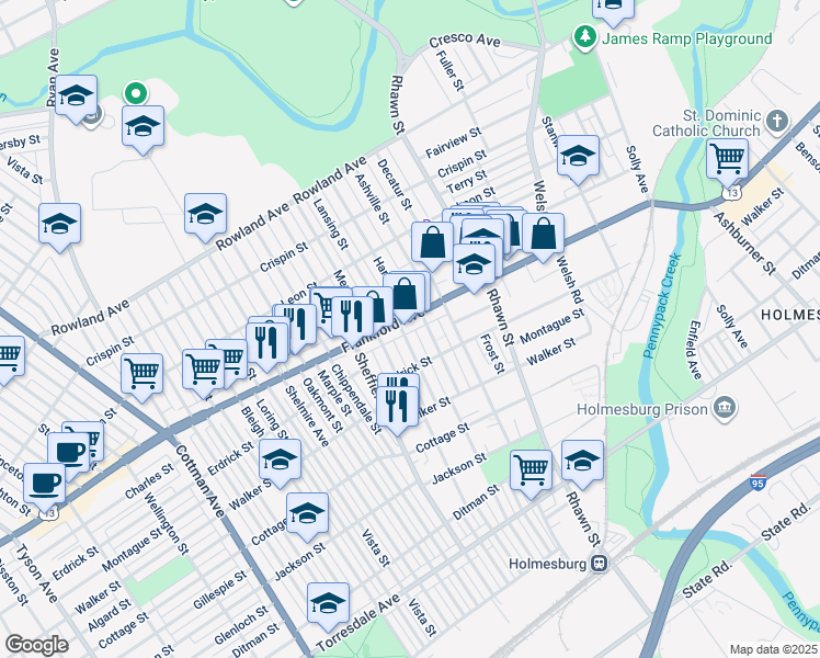 map of restaurants, bars, coffee shops, grocery stores, and more near 4014 Lansing Street in Philadelphia