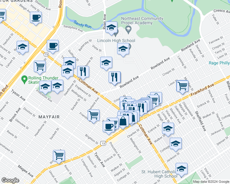 map of restaurants, bars, coffee shops, grocery stores, and more near 3307 Guilford Street in Philadelphia