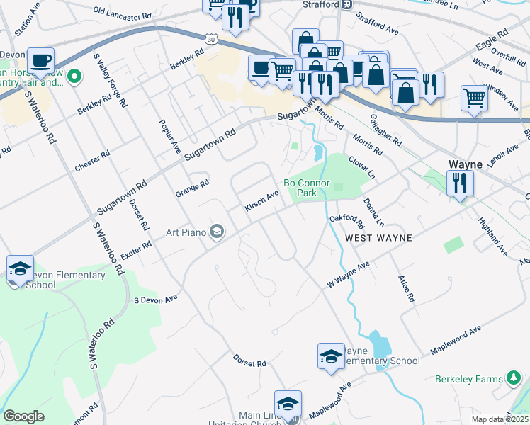 map of restaurants, bars, coffee shops, grocery stores, and more near 616 South Devon Avenue in Wayne