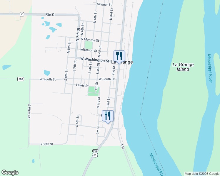 map of restaurants, bars, coffee shops, grocery stores, and more near 2nd St in La Grange