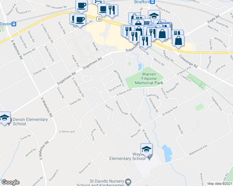 map of restaurants, bars, coffee shops, grocery stores, and more near 616 South Devon Avenue in Wayne