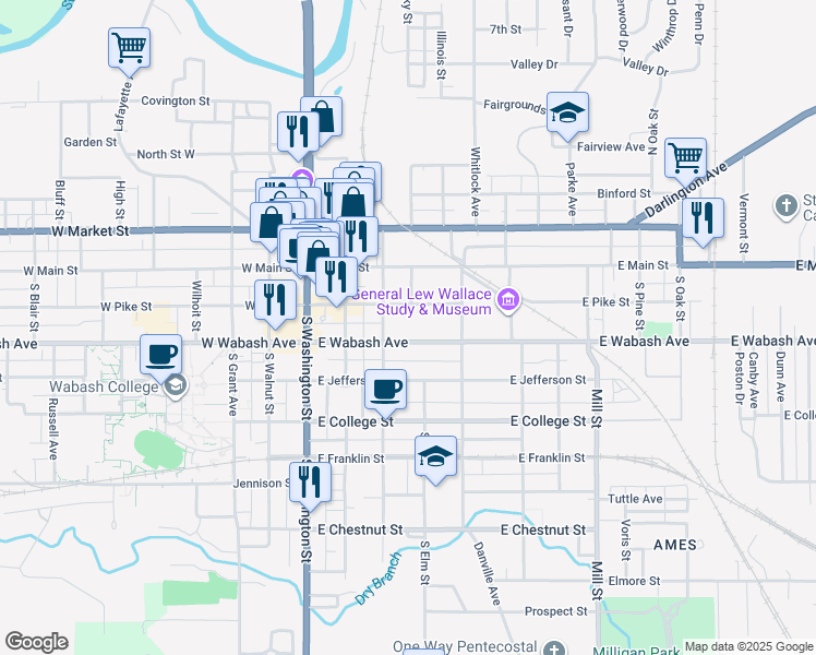 map of restaurants, bars, coffee shops, grocery stores, and more near 212 South Water Street in Crawfordsville