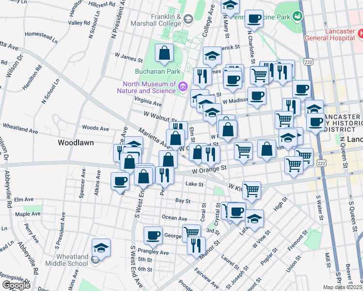 map of restaurants, bars, coffee shops, grocery stores, and more near 663 West Chestnut Street in Lancaster