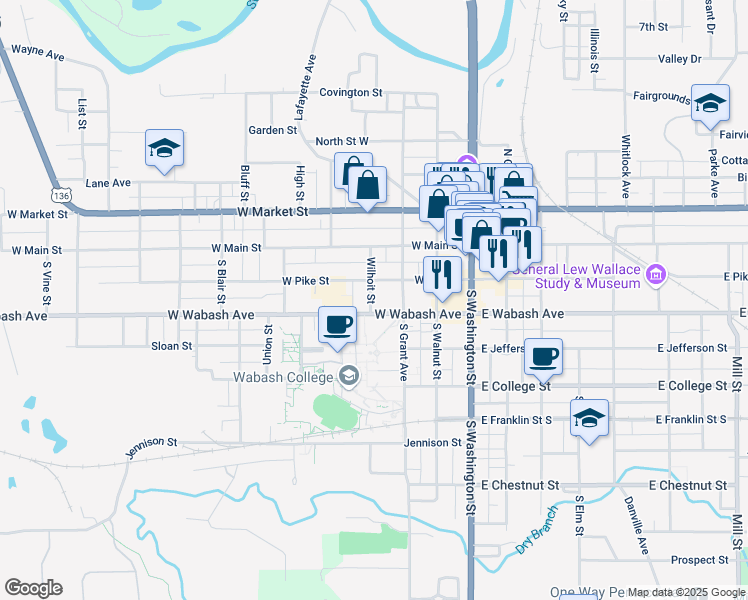 map of restaurants, bars, coffee shops, grocery stores, and more near 314 West Wabash Avenue in Crawfordsville