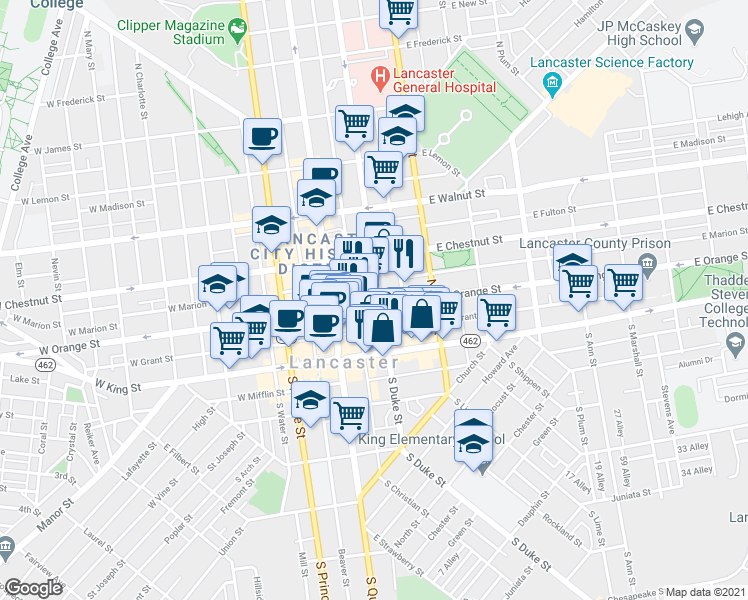 map of restaurants, bars, coffee shops, grocery stores, and more near 110 North Duke Street in Lancaster
