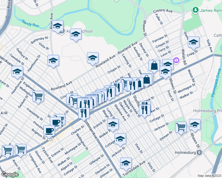 map of restaurants, bars, coffee shops, grocery stores, and more near 3516 Oakmont Street in Philadelphia
