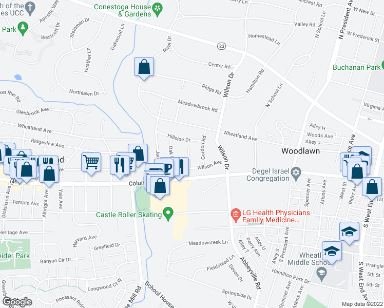 map of restaurants, bars, coffee shops, grocery stores, and more near 60 New Garden Avenue in Lancaster
