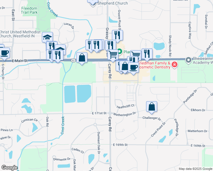 map of restaurants, bars, coffee shops, grocery stores, and more near 17257 Shadoan Way in Westfield