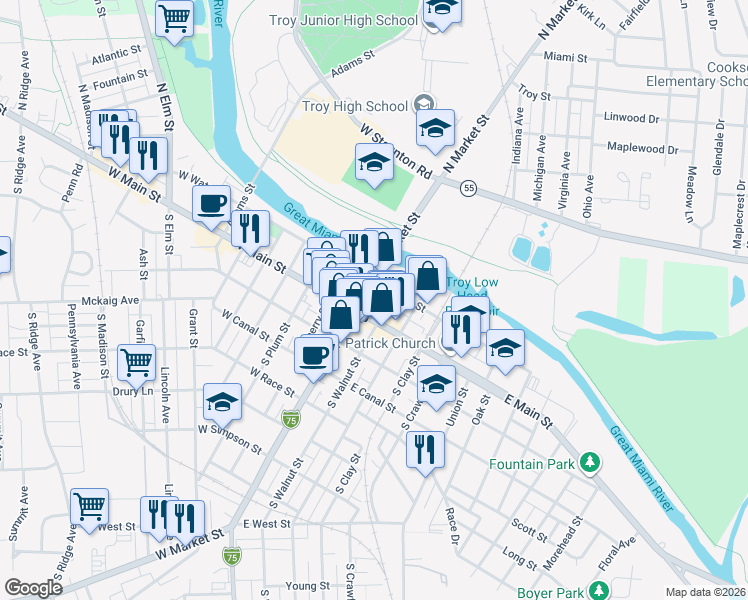 map of restaurants, bars, coffee shops, grocery stores, and more near 5 East Main Street in Troy