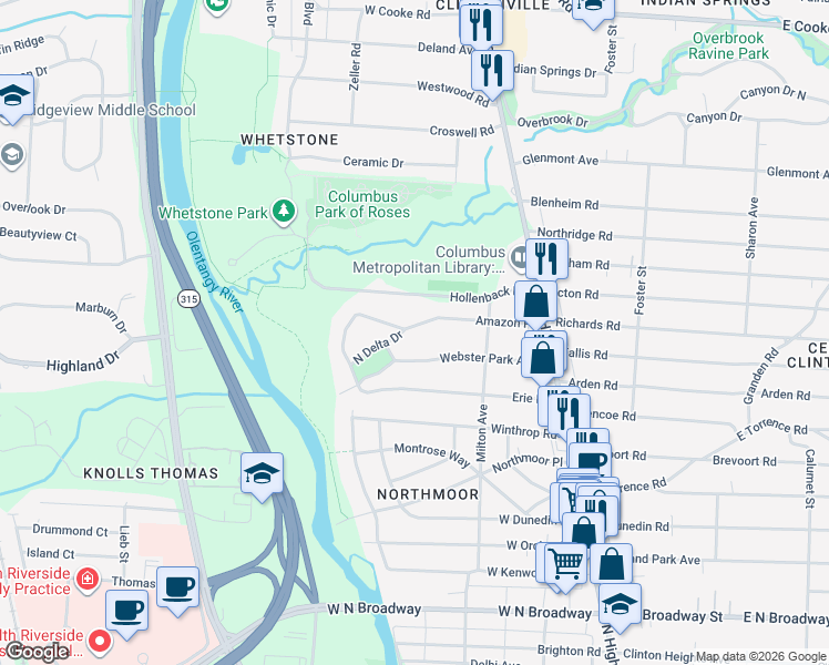 map of restaurants, bars, coffee shops, grocery stores, and more near 200 Webster Park Avenue in Columbus