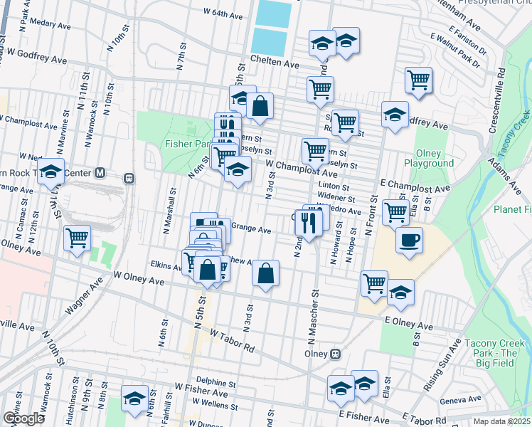 map of restaurants, bars, coffee shops, grocery stores, and more near 415 Calvert Street in Philadelphia