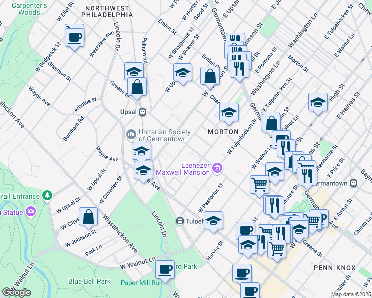 map of restaurants, bars, coffee shops, grocery stores, and more near 6342 Greene Street in Philadelphia