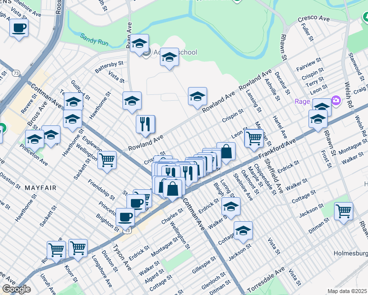map of restaurants, bars, coffee shops, grocery stores, and more near 3411 Tudor Street in Philadelphia