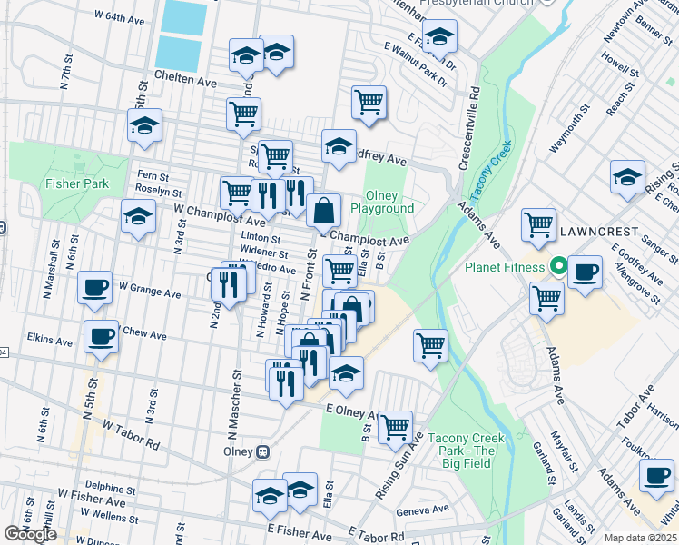 map of restaurants, bars, coffee shops, grocery stores, and more near 5904 A Street in Philadelphia