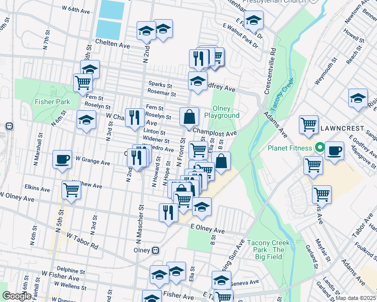 map of restaurants, bars, coffee shops, grocery stores, and more near 5900 North Water Street in Philadelphia