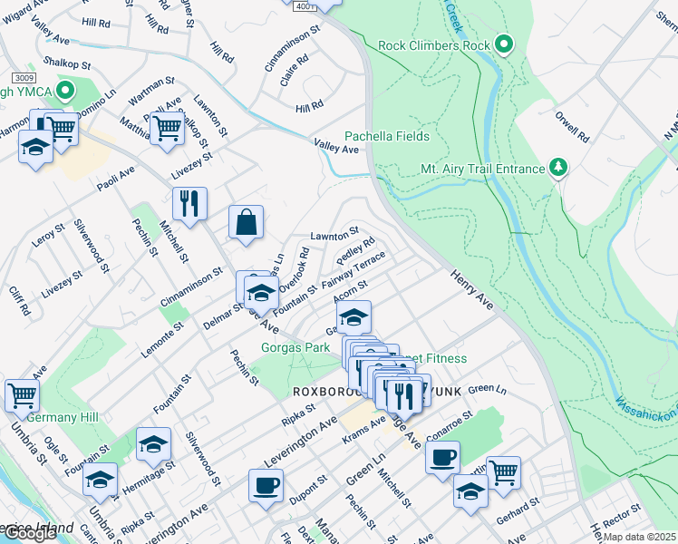 map of restaurants, bars, coffee shops, grocery stores, and more near 552 Fairway Terrace in Philadelphia