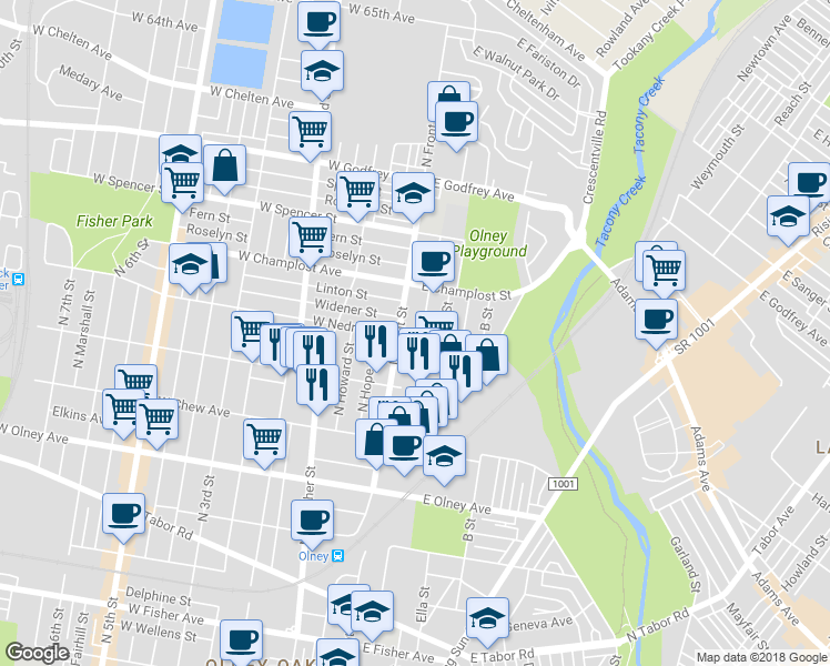 map of restaurants, bars, coffee shops, grocery stores, and more near 5900 North Water Street in Philadelphia