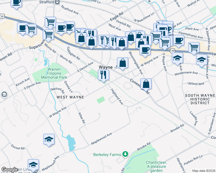 map of restaurants, bars, coffee shops, grocery stores, and more near 212 Highland Avenue in Wayne
