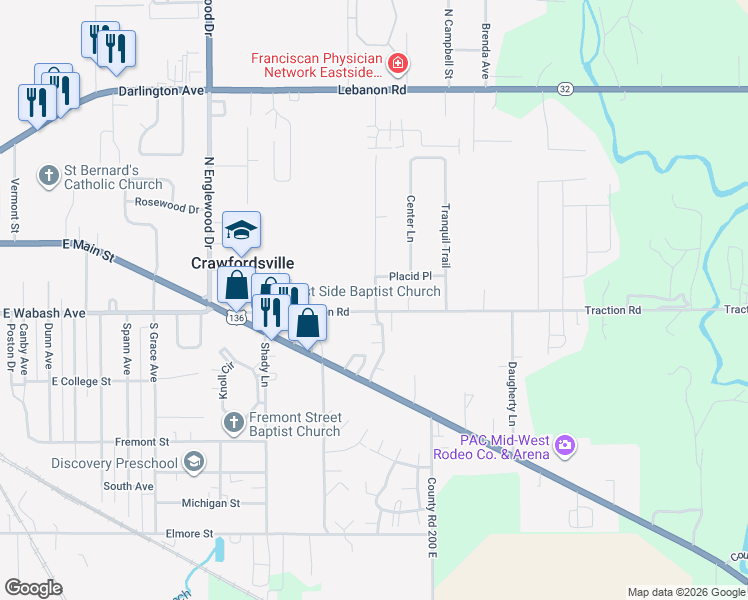 map of restaurants, bars, coffee shops, grocery stores, and more near 29 Pleasant Run in Crawfordsville