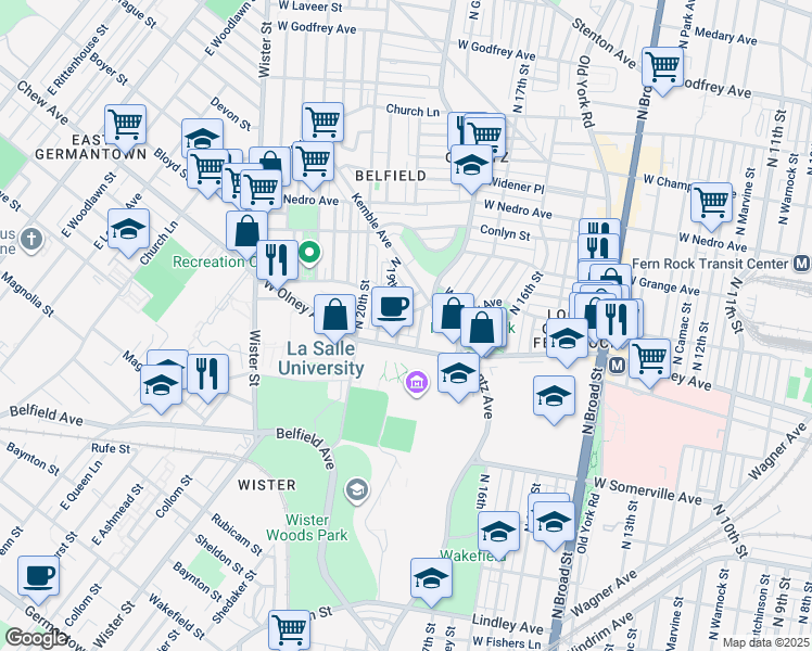 map of restaurants, bars, coffee shops, grocery stores, and more near 5627 North 19th Street in Philadelphia