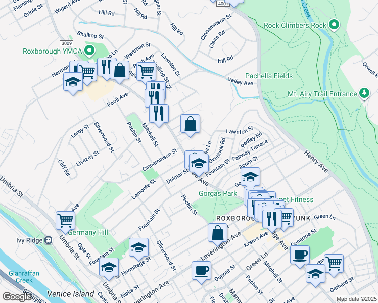 map of restaurants, bars, coffee shops, grocery stores, and more near 6639 Ridge Avenue in Philadelphia