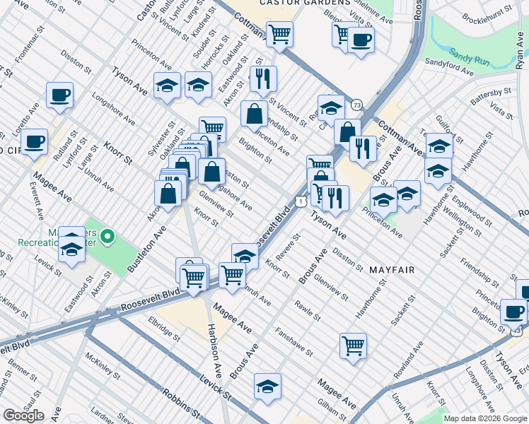 map of restaurants, bars, coffee shops, grocery stores, and more near 2247 Longshore Avenue in Philadelphia