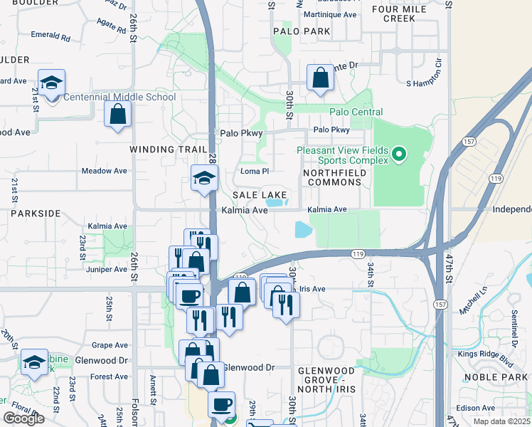 map of restaurants, bars, coffee shops, grocery stores, and more near 2910 Kalmia Avenue in Boulder