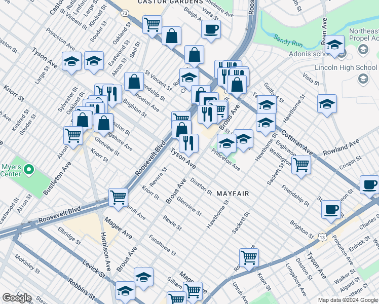 map of restaurants, bars, coffee shops, grocery stores, and more near 2828 Brighton Place in Philadelphia