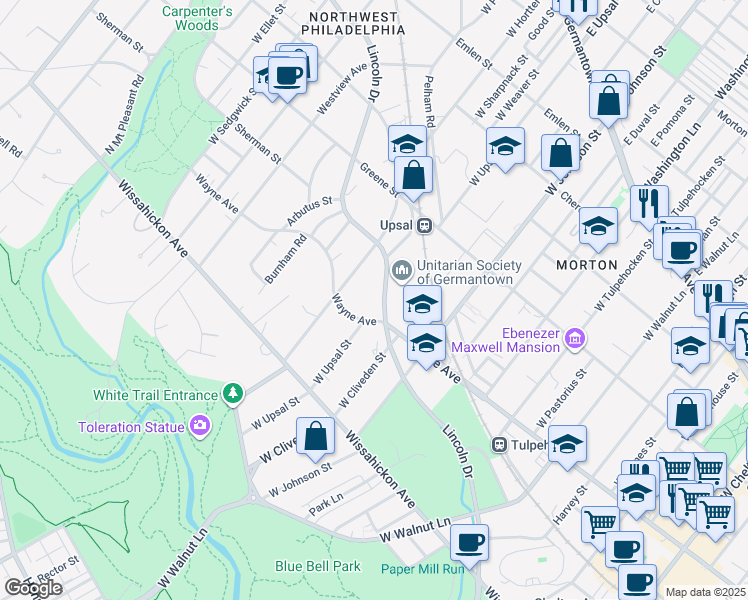 map of restaurants, bars, coffee shops, grocery stores, and more near 6500 Lincoln Drive in Philadelphia