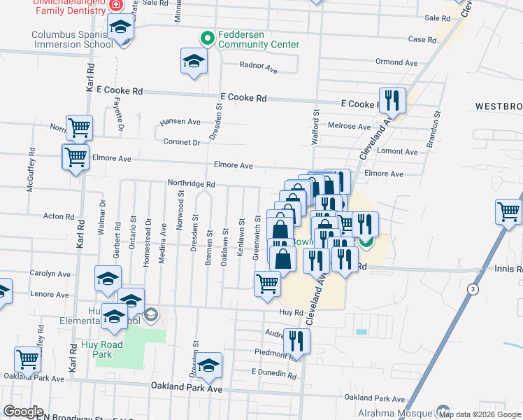 map of restaurants, bars, coffee shops, grocery stores, and more near 3556 Greenwich Street in Columbus