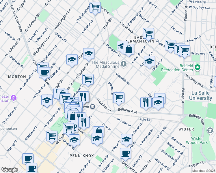map of restaurants, bars, coffee shops, grocery stores, and more near 5667 Heiskell Street in Philadelphia