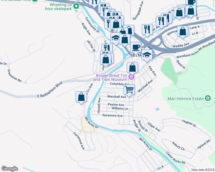 map of restaurants, bars, coffee shops, grocery stores, and more near 22 Austin Avenue in Wheeling