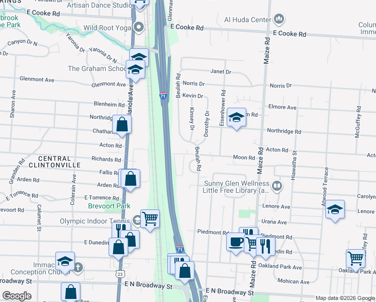 map of restaurants, bars, coffee shops, grocery stores, and more near 3655 Beulah Circle in Columbus
