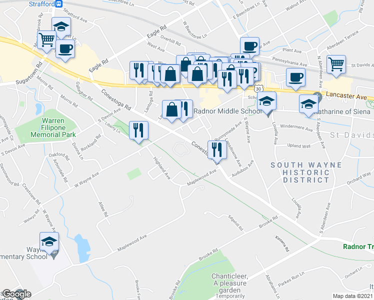 map of restaurants, bars, coffee shops, grocery stores, and more near 33 Greythorne Woods Circle in Wayne