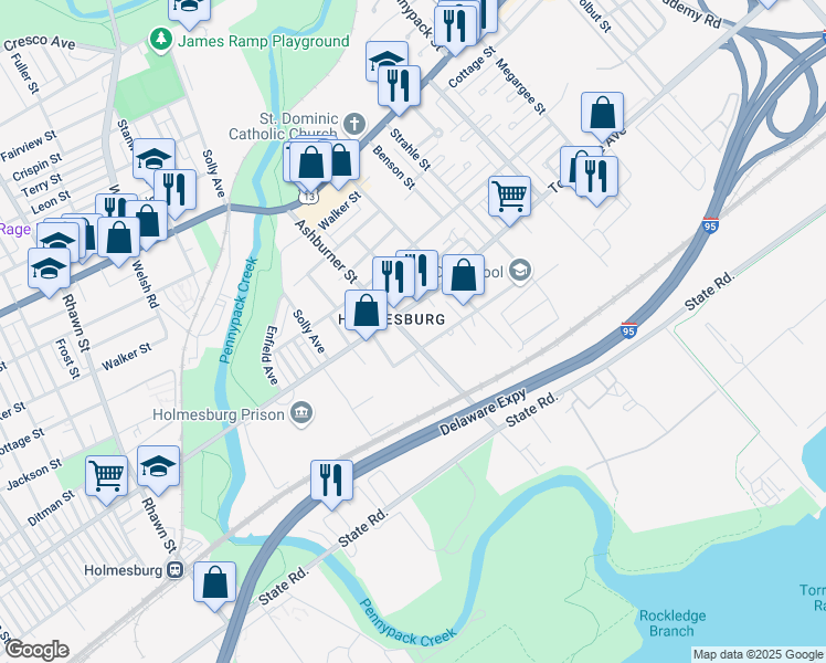 map of restaurants, bars, coffee shops, grocery stores, and more near 4705 Ashburner Street in Philadelphia