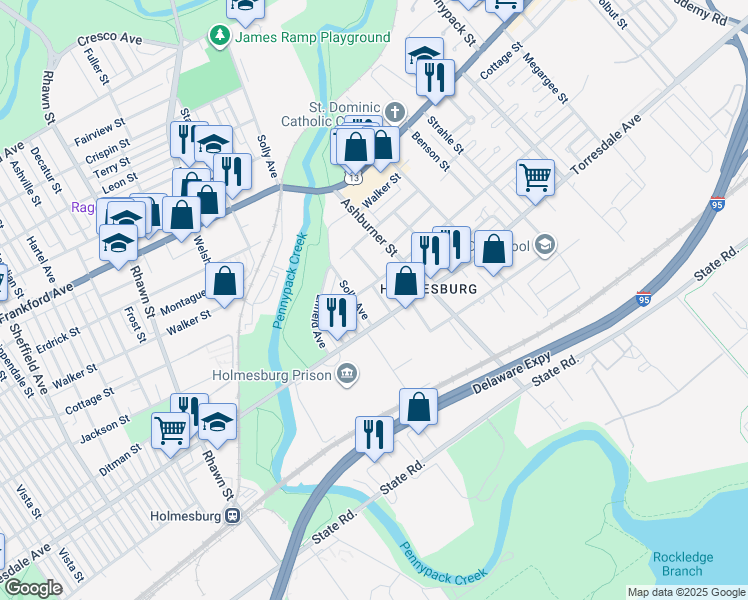 map of restaurants, bars, coffee shops, grocery stores, and more near 4614 Emerson Street in Philadelphia